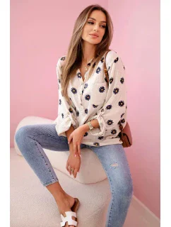 Dámska ľanová blúzka s kvetinovým vzorom, dlhými rukávmi a gombíkmi