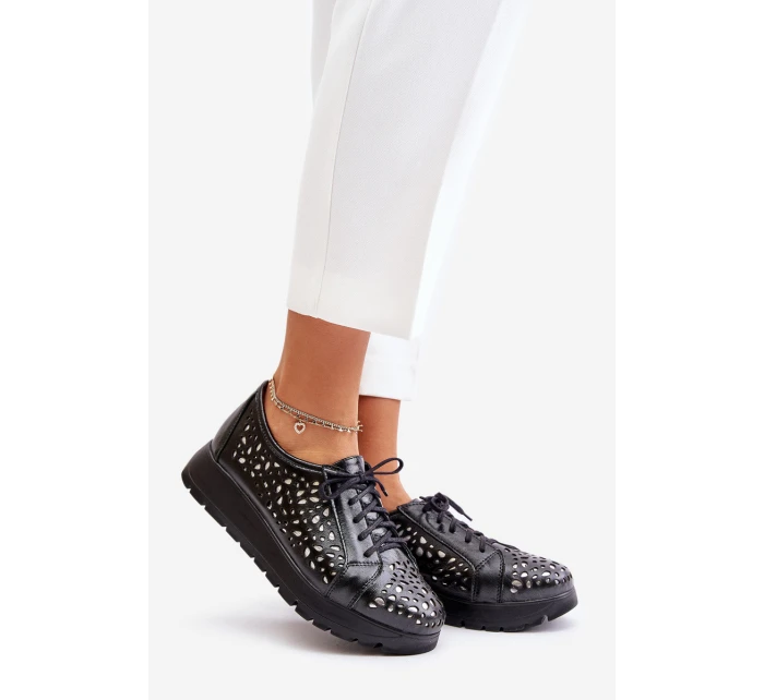 Zazoo 2973 Skórzane Półbuty Na Platformie Z Ażurowym Wzorem Czarne