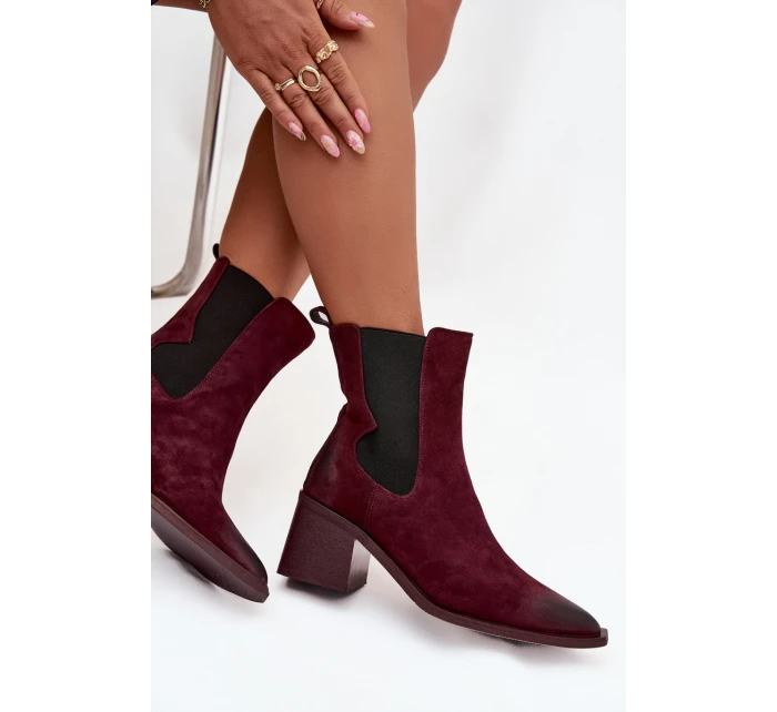 Kožené semišové dámské boty na podpatku vyhřívané model 21712879 bordó - Artiker