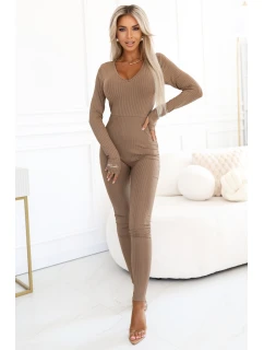 619-1 Pohodlný a elegantný rebrovaný overal s výstrihom - moka pena