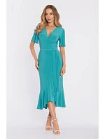 model 22040695 Zavinovací midi šaty s volánem a řasením tyrkysové - Moe