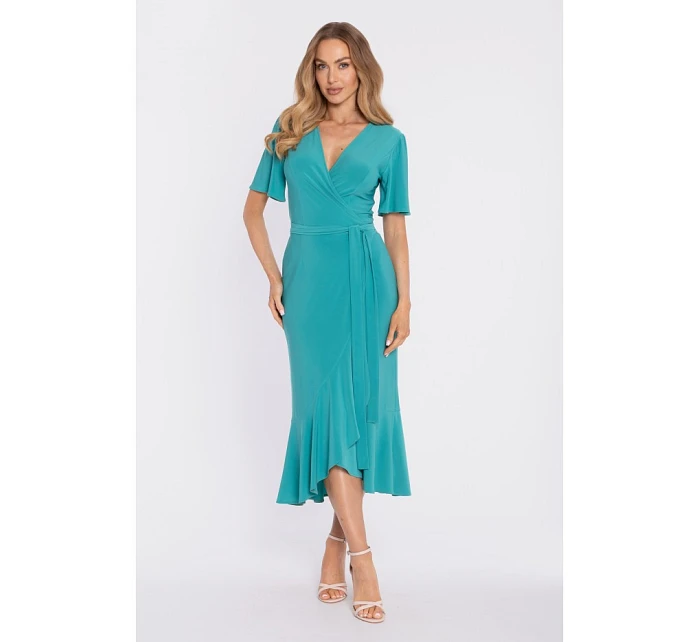model 22040695 Zavinovací midi šaty s volánem a řasením tyrkysové - Moe