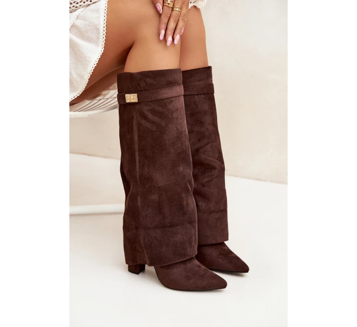 Dámske zateplené čižmy s podrážkou a zrolovanou holennou časťou Evyra - čokoládová, eko semiš Dámske zateplené čižmy s podrážkou a zrolovanou holennou časťou Evyra - čokoládová, eko semiš