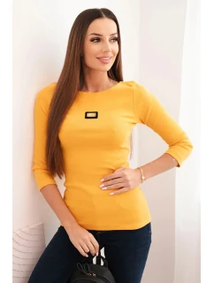 Dámska pruhovaná blúzka s 3/4 rukávmi a ozdobnou aplikáciou v horčicovej farbe