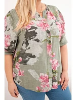 Dámske bavlnené Plus veľkosť V-neck blúzka v kvetinovej Khaki vzor
