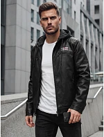Pánska zateplená bunda z ekokože s kapucňou, čierna, FashionStreet TX5147