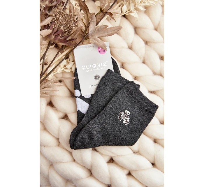 Bawełniane Skarpety Damskie Z Naszywką Miś Ciemnoszare