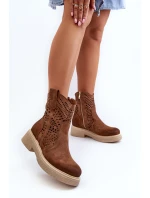 Zazoo 3470 Zamszowe Botki Damskie Na Płaskim Obcasie Ażurowe Brązowe