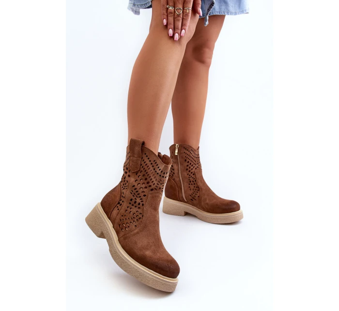 Zazoo 3470 Zamszowe Botki Damskie Na Płaskim Obcasie Ażurowe Brązowe