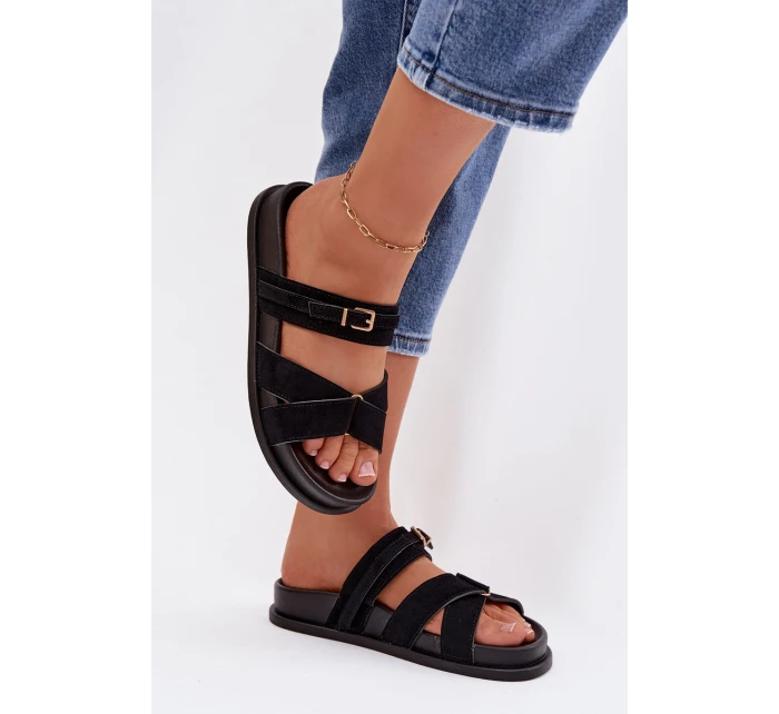 Dámské pantofle s pásky a zlatým přezkou Černé model 21954646 - Boto Dámské pantofle s pásky a zlatým přezkou Černé model 21954646 - Boto