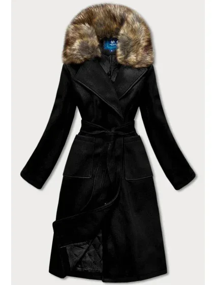 Čierny dámsky kabát s kožušinou (SASKIA)