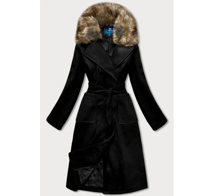 Čierny dámsky kabát s kožušinou (SASKIA)