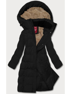 Dlhá čierna dámska zimná bunda s kožušinovou podšívkou (2M-025)