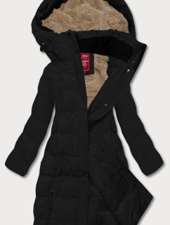 Dlhá čierna dámska zimná bunda s kožušinovou podšívkou (2M-025)