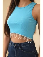 Dámsky krátky bavlnený top s rebrovaním a strapcami Tyrkysová