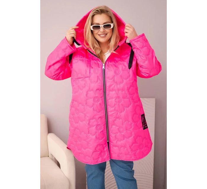 Dámská bunda Plus Size prošívaná s kapucí a nápisem HOPE růžový neon