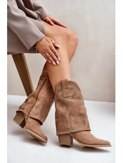 Zdobione Botki Kowbojki Do Połowy Łydki Na Słupku S.Barski HY42-153 Camel