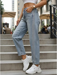 Dámske džínsy balónového strihu s ozdobnými nitmi modré UY2983
