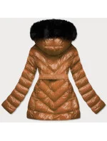 Lesklá zimná bunda v karamelovej farbe s mechovou kožušinovou podšívkou (w673)