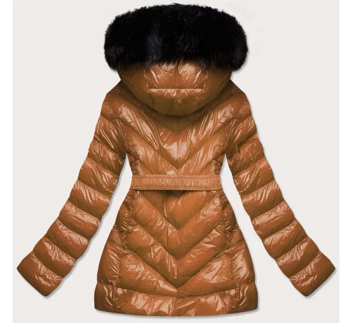 Lesklá zimná bunda v karamelovej farbe s mechovou kožušinovou podšívkou (w673)