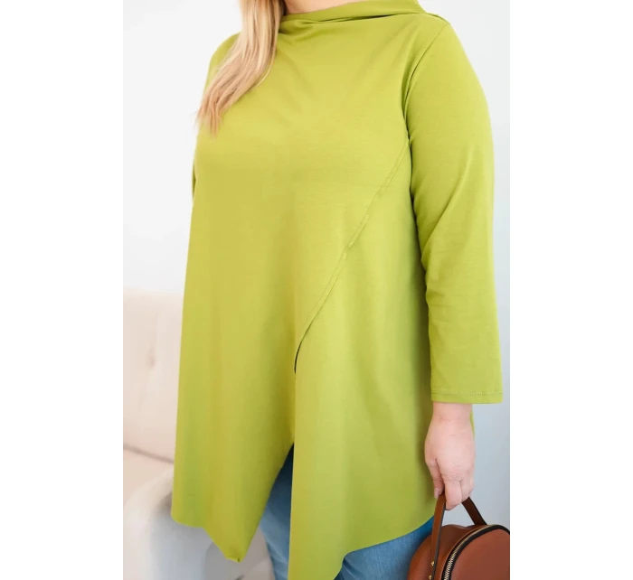Dámská bavlněná blůza Plus Size asymetrická s ohrnutým rukávem olivová