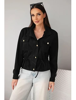 Dámská semišová bunda s kapsami a model 22293788 v pase černá - K-Fashion