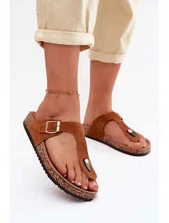 Kožené semišové žabky s zlatým přezkou Camel Honey