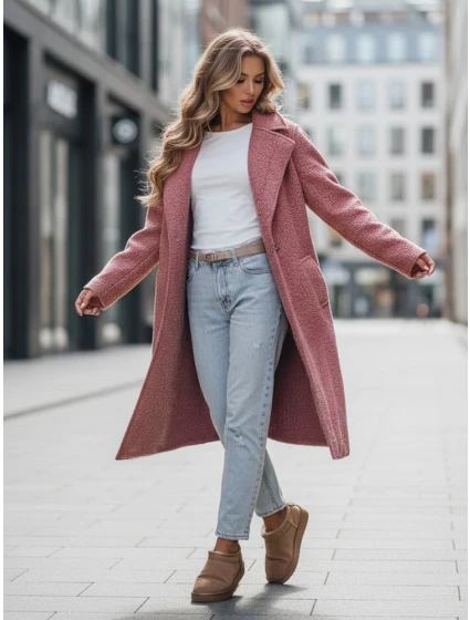 Dámský dlouhý kabát z ovčí kůže růžový Dstreet model 21995124 - FashionStreet