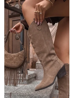 Dámske zateplené kožené kovbojské topánky Urselle - khaki