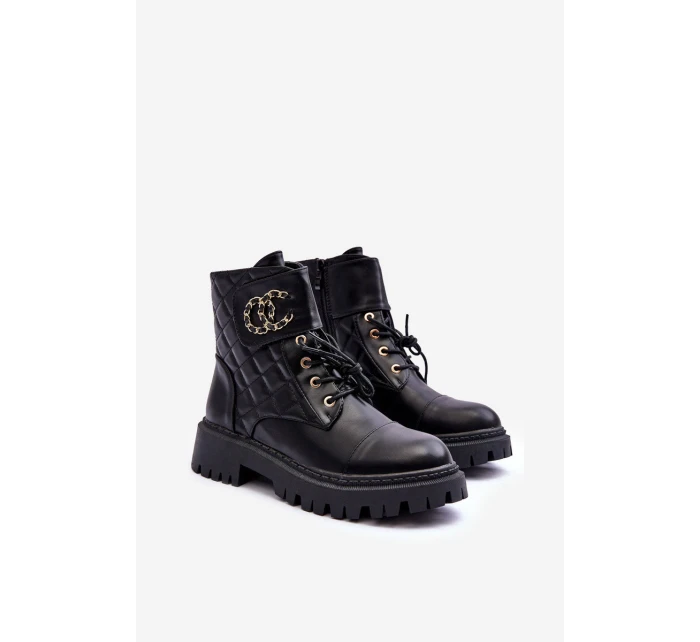 Workery Botki Damskie Z Ozdobą Czarne Toye Workery Botki Damskie Z Ozdobą Czarne Toye