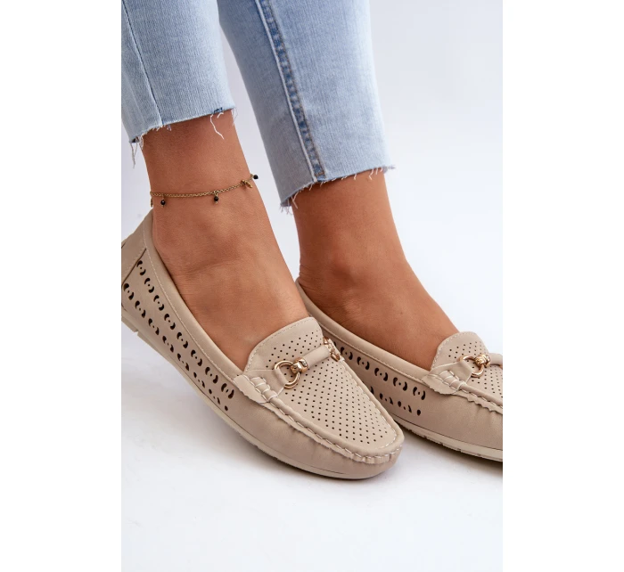 Mokasyny Damskie Ażurowe Z Ozdobą Beżowe Kaydance Mokasyny Damskie Ażurowe Z Ozdobą Beżowe Kaydance