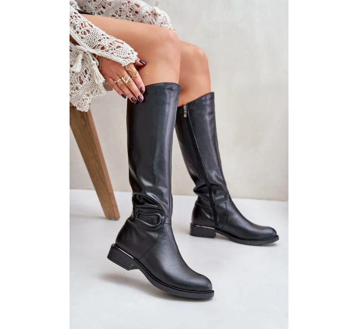 Zazoo 70140 Skórzane Kozaki Damskie Przed Kolano Ocieplane Czarne