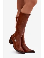 Kožené Kozačky Na Podpatku S Přezkou Zateplené model 21772427 Hnědé - Zazoo