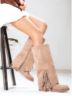 Dámské semišové rozšířené kozačky béžové Dstreet model 21994370 - FashionStreet