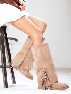Dámské semišové rozšířené kozačky béžové Dstreet model 21994370 - FashionStreet