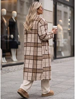Dámský kabát dlouhý dvouřadý s příměsí vlny kostkované béžová FashionStreet NY0829