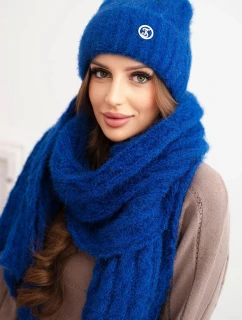 Dámska súprava čiapky a šálu s pruhmi s ozdobami modrá