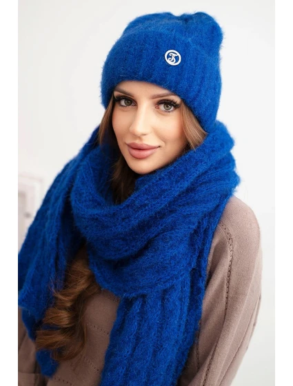 Dámska súprava čiapky a šálu s pruhmi s ozdobami modrá Dámska súprava čiapky a šálu s pruhmi s ozdobami modrá