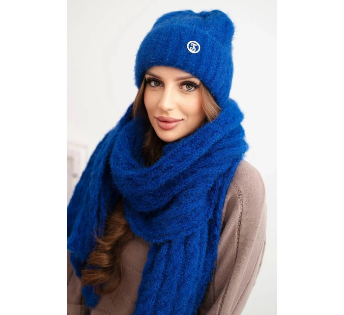 Dámska súprava čiapky a šálu s pruhmi s ozdobami modrá Dámska súprava čiapky a šálu s pruhmi s ozdobami modrá