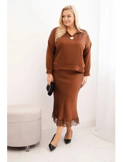 Dámský komplet Plus Size se model 21761007 leskem a krajkou camelový - K-Fashion