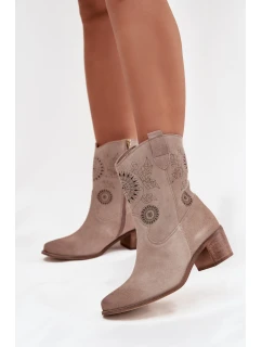 Zamszowe Skórzane Botki Damskie Ażurowe Na Obcasie Zazoo 3844 Cappuccino