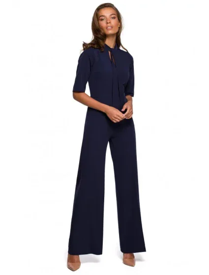 Dámsky elegantný overal so zaväzovaním za krkom S243 tmavomodrý - Stylove
