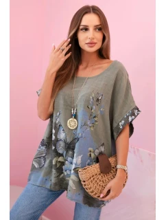 Dámská bavlněná košile s model 22020959 a květinami khaki - K-Fashion