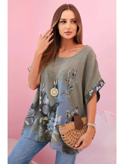 Dámská bavlněná košile s model 22020959 a květinami khaki - K-Fashion