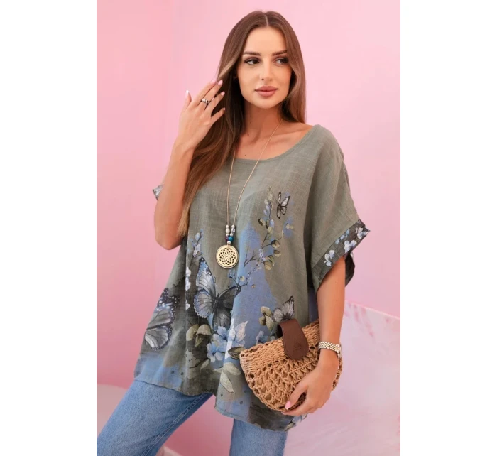 Dámská bavlněná košile s model 22020959 a květinami khaki - K-Fashion