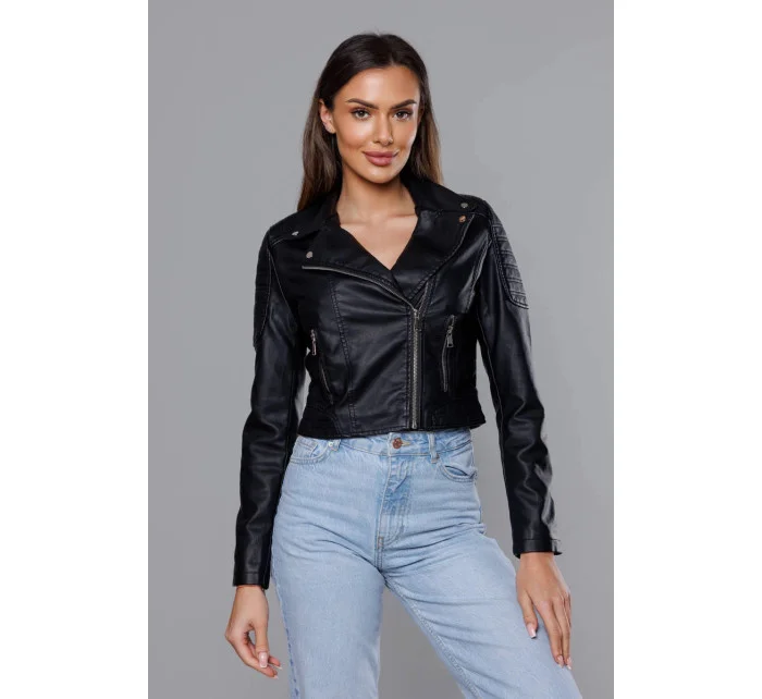 Krátká černá bunda ramoneska z ekologické kůže model 18117126 - J.STYLE Krátká černá bunda ramoneska z ekologické kůže model 18117126 - J.STYLE