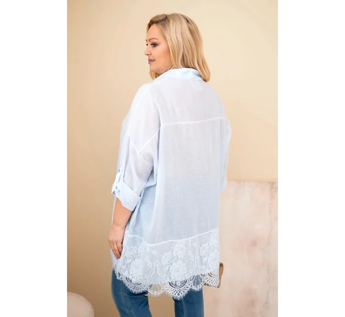Dámská košile Plus Size bavlněná s krajkovým lemem modrá