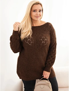 Dámský svetr Plus Size pletený dírkovaný s dlouhým rukávem hnědý