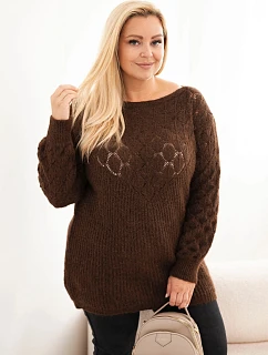 Dámský svetr Plus Size pletený dírkovaný s dlouhým rukávem hnědý