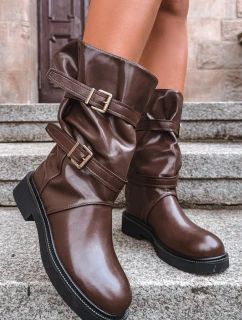 Vlněné dámské kozačky do  s pásky a přezkami hnědé model 21711786 - Boto